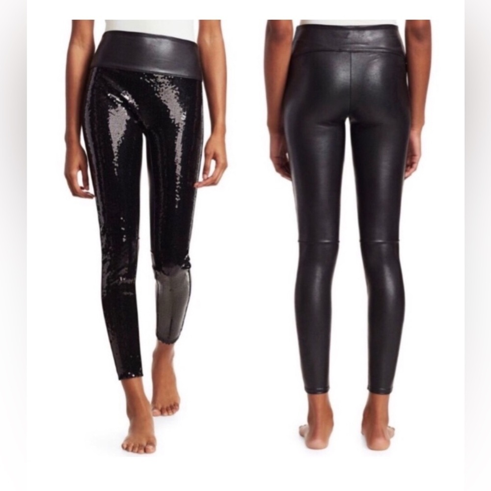 NWT Spanx Faux Leather Sequin Leggings Black Sz L
